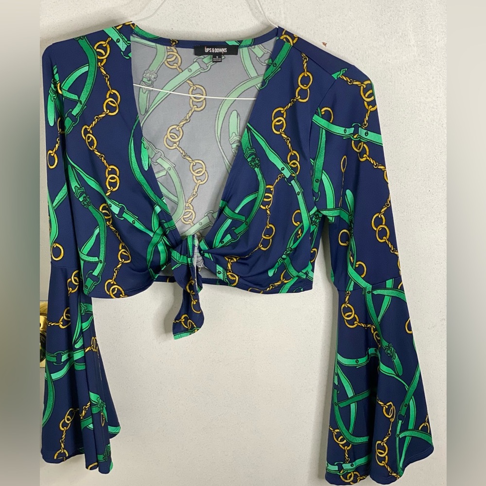 Tie Front Cropped Bell Sleeve Blouse